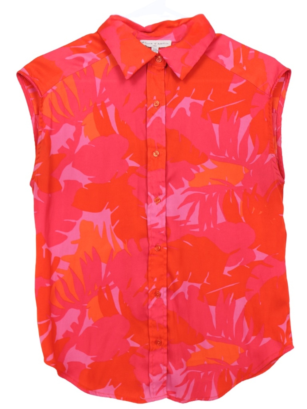 Maison d'Amélie Paris Tropical Button Front Sleeveless Blouse Pink Orange XS